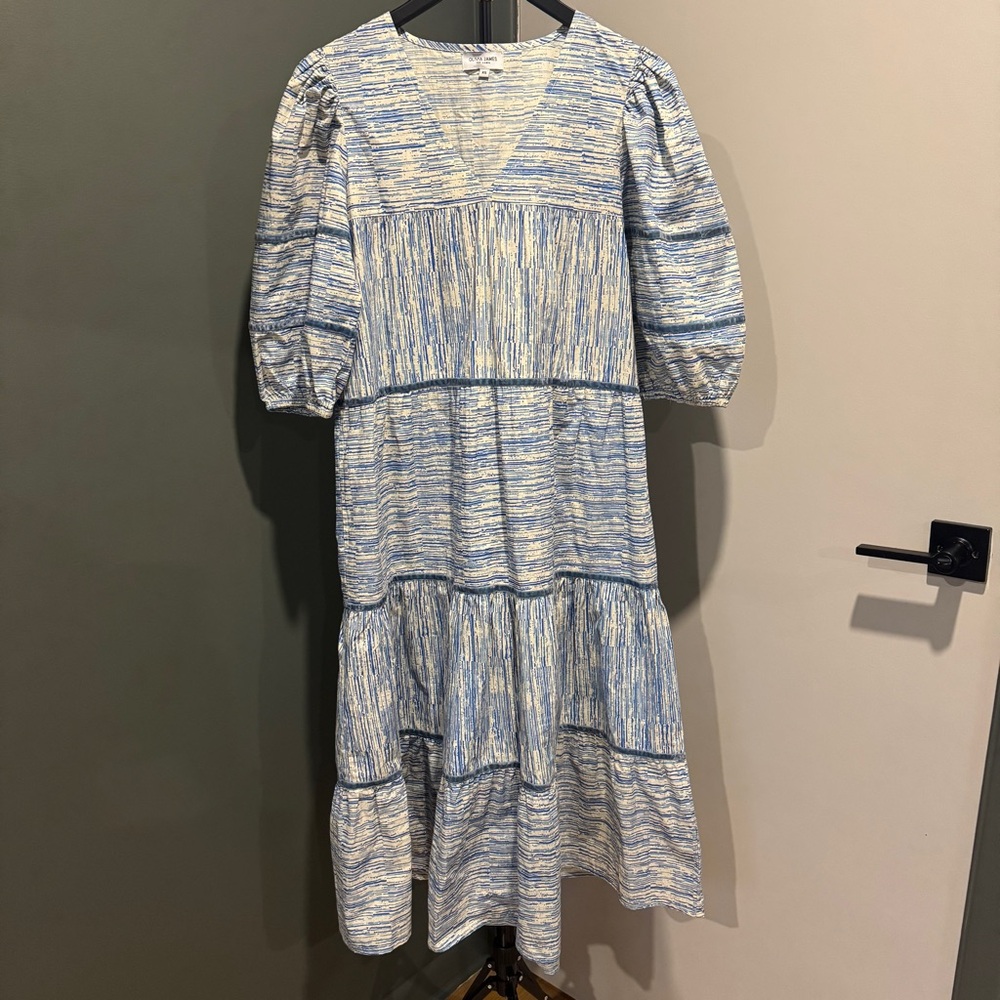 Olivia James Blue & White Tiered Boho Midi Dress Puff Sleeve XS